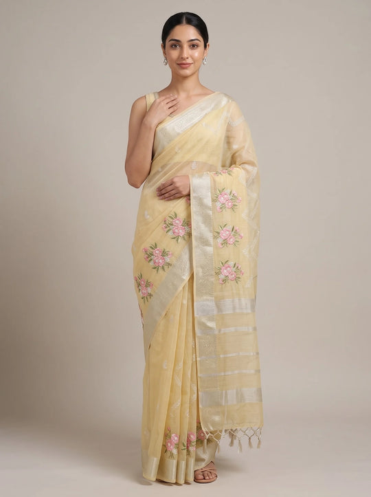 Floral Yellow Linen Woven Saree