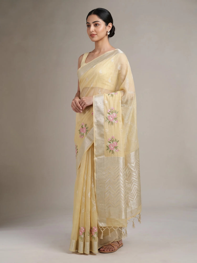 Floral Yellow Linen Woven Saree