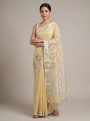 Floral Yellow Linen Woven Saree