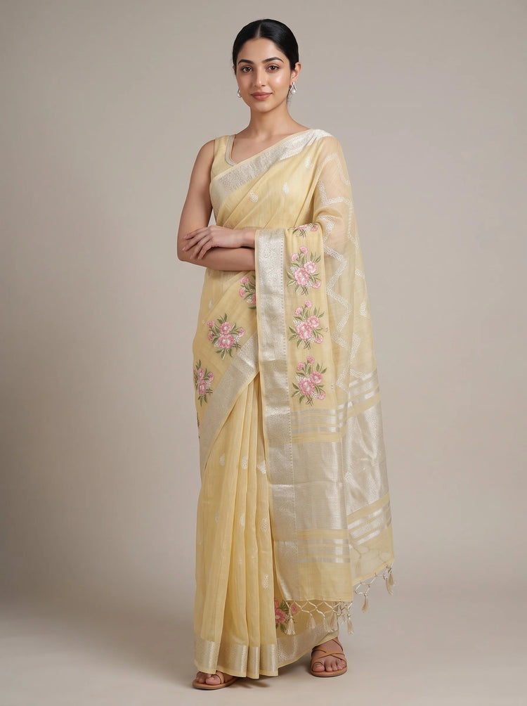 Floral Yellow Linen Woven Saree