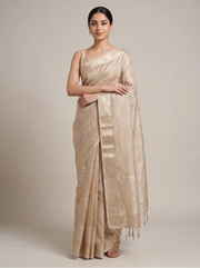 Elegant beige linen woven saree front view with hand folded