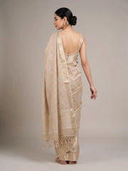 Back view of elegant beige linen woven saree showing the overall drape