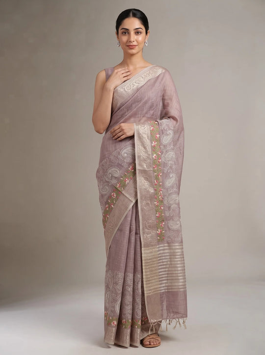 Dusty Mauve Linen Woven Saree