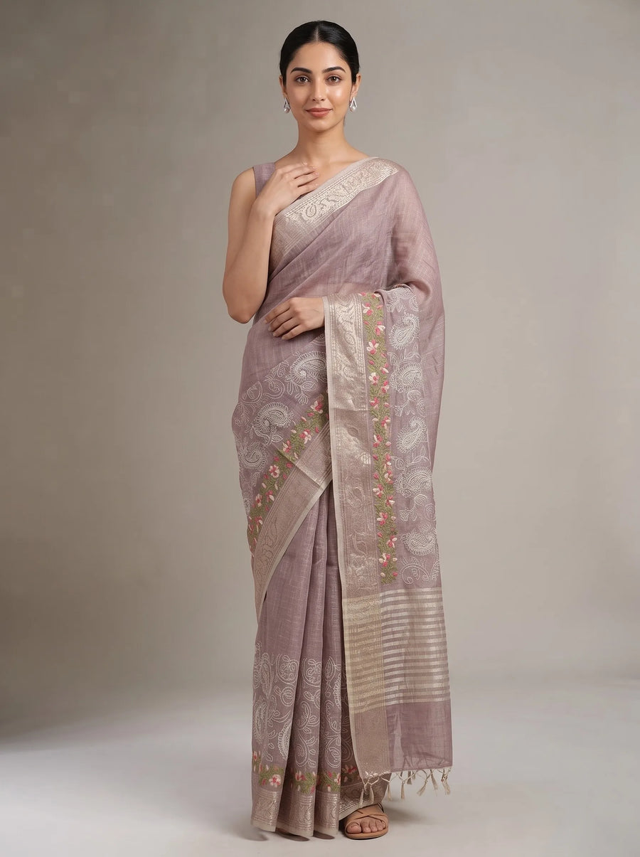 Dusty Mauve Linen Woven Saree