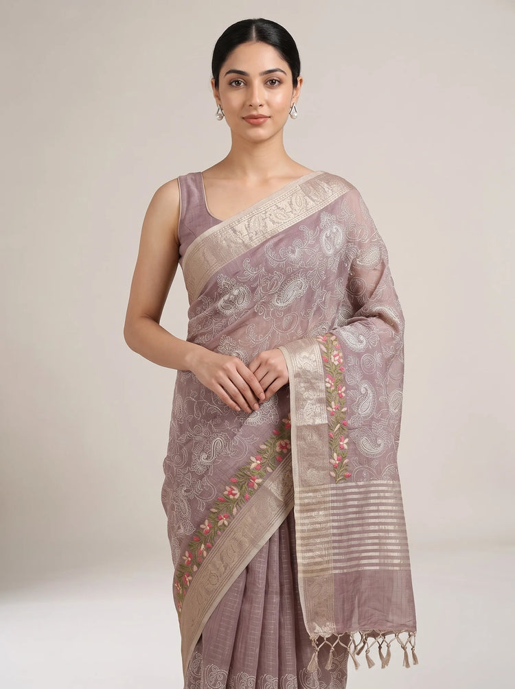 Dusty Mauve Linen Woven Saree