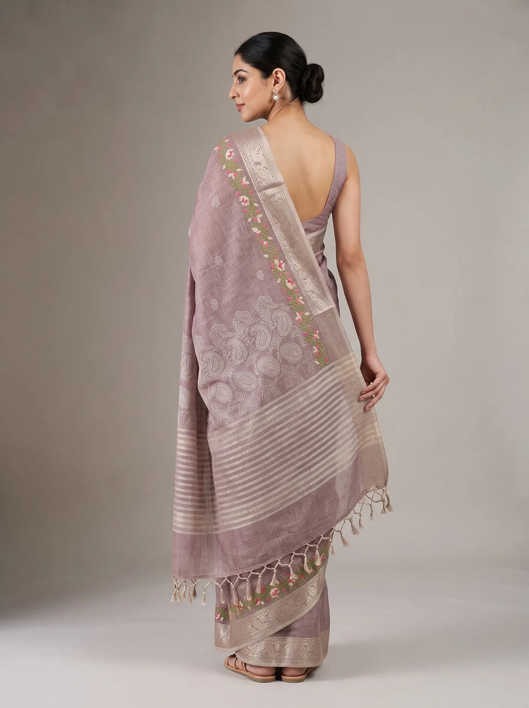 Dusty Mauve Linen Woven Saree