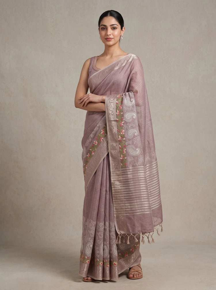 Dusty Mauve Linen Woven Saree