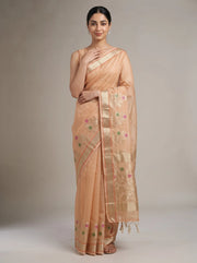 Orange Kota tissue woven border saree front view showcasing the elegant drape and detailed woven border