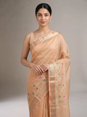 Close-up front view of orange Kota tissue woven border saree highlighting the fabric texture and intricate woven border
