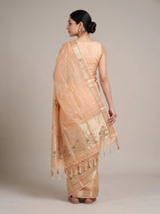 Back view of orange Kota tissue woven border saree showing the blouse, drape and decorative woven border