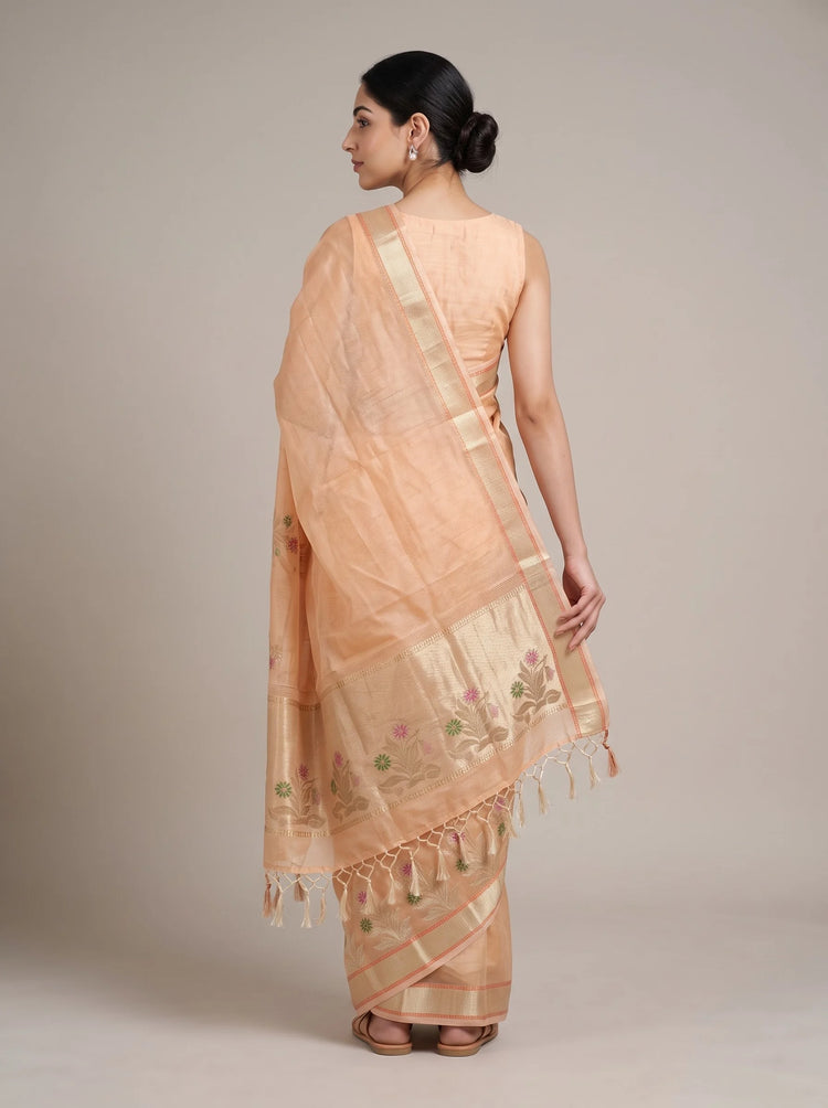 Back view of orange Kota tissue woven border saree showing the blouse, drape and decorative woven border