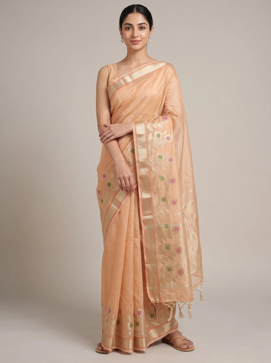 Orange Kota Tissue Woven Border Saree