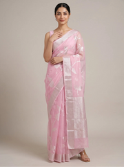 Elegant pink cotton woven saree front view showcasing the traditional woven pattern and decorative border