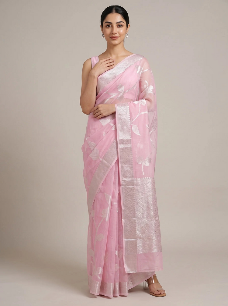 Elegant pink cotton woven saree front view showcasing the traditional woven pattern and decorative border