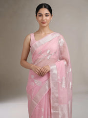 Close-up front view of elegant pink cotton woven saree highlighting the fabric texture, woven motifs and detailed border