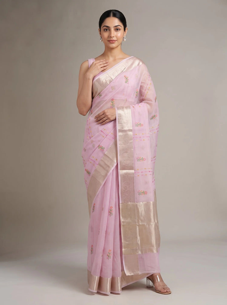 Lilac purple Munga Kota embroidered saree front view with floral embroidery and elegant woven border