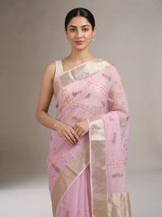 Close-up front view of lilac purple Munga Kota embroidered saree showing intricate floral embroidery and fabric texture