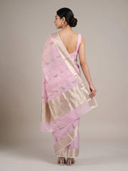 Back view of lilac purple Munga Kota embroidered saree showing the blouse, floral embroidery and decorative border