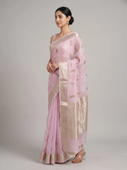 Side view of lilac purple Munga Kota embroidered saree showing the graceful drape, floral embroidery and woven border