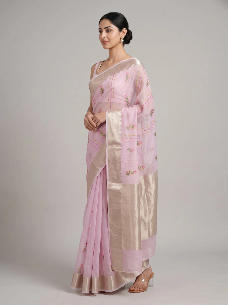 Side view of lilac purple Munga Kota embroidered saree showing the graceful drape, floral embroidery and woven border