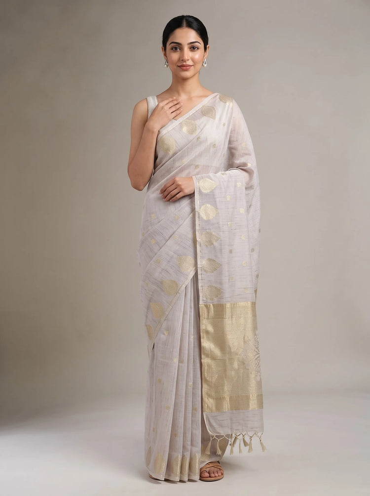 Lilac purple cotton zari stripe saree front view with golden zari stripes and traditional woven border