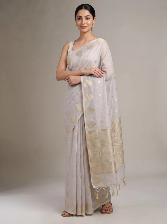 Lilac Purple Cotton Zari Stripe Saree