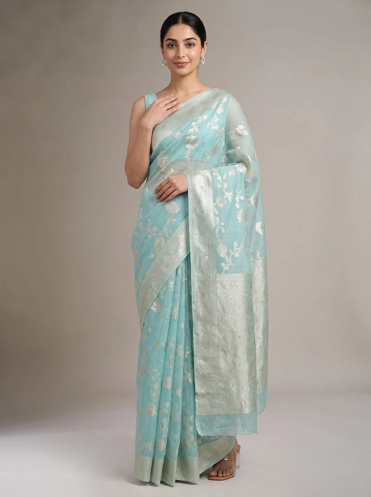 Sky blue Saffee cotton woven saree displayed in a full front view