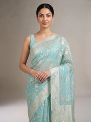 Close-up front view of the sky blue Saffee cotton woven saree showcasing its woven texture