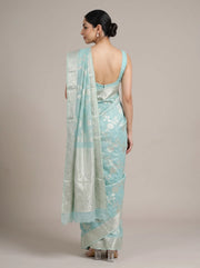 Back view of the sky blue Saffee cotton woven saree showing the overall drape