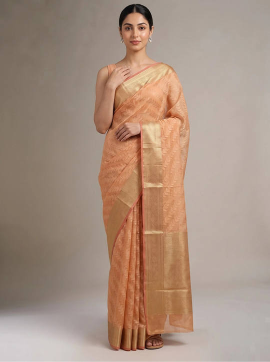 Warm Orange Munga Kota Cotton Banarasi Embroidered Saree