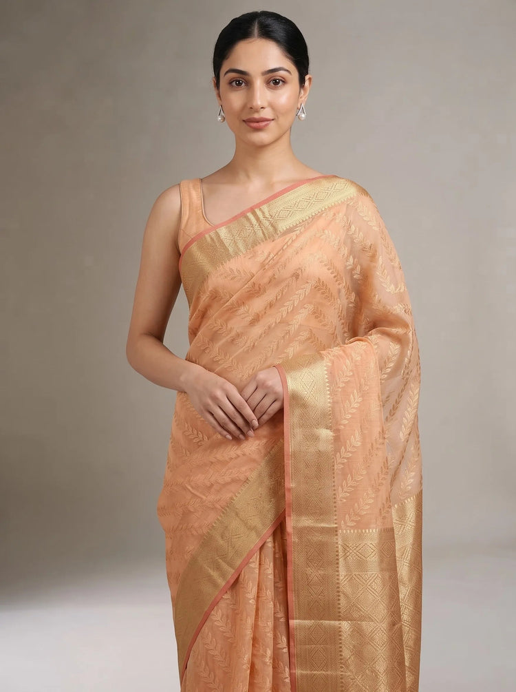 Warm Orange Munga Kota Cotton Banarasi Embroidered Saree
