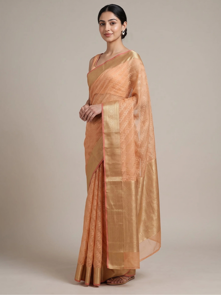 Warm Orange Munga Kota Cotton Banarasi Embroidered Saree