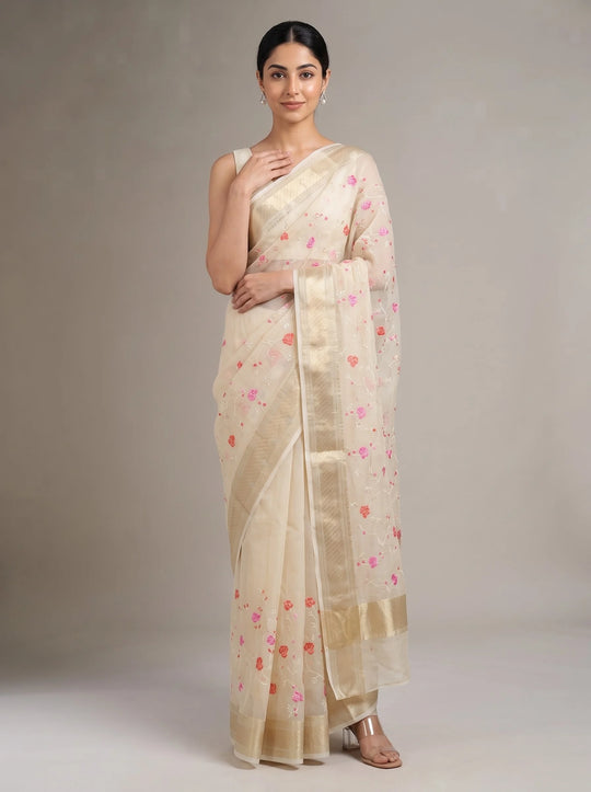 Cream Munga Kota Cotton Banarasi Embroidered Saree