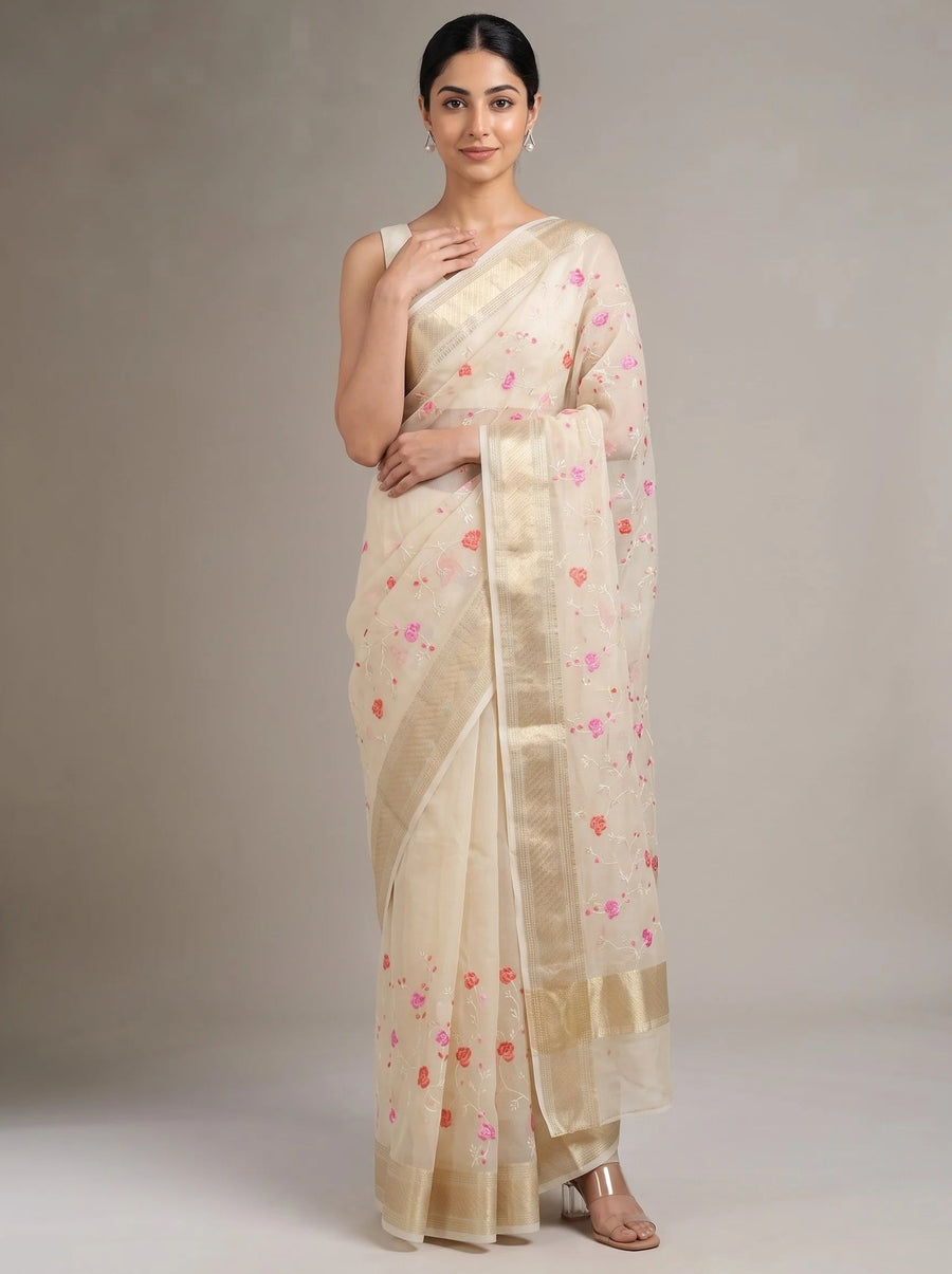 Cream Munga Kota Cotton Banarasi Embroidered Saree