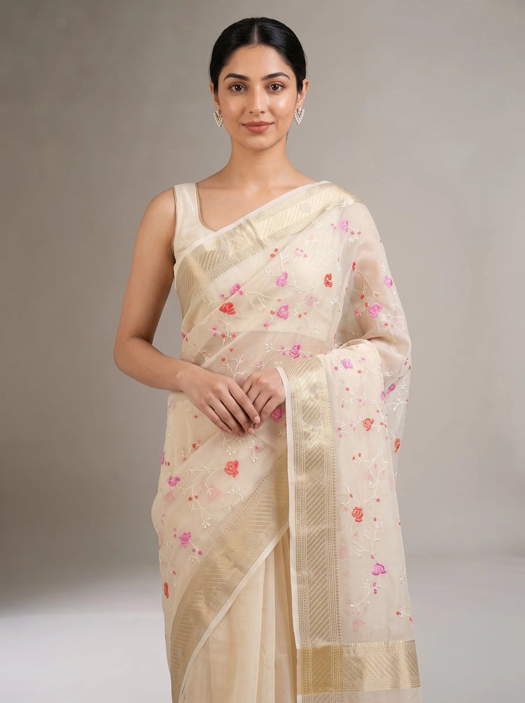 Close-up front view of cream Munga Kota cotton Banarasi embroidered saree showing intricate floral embroidery and Banarasi detailing