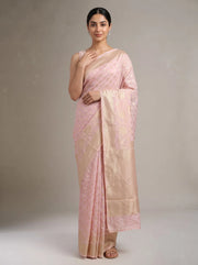 Baby pink Chanderi cotton saree front view with delicate woven motifs and elegant decorative border