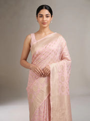 Close-up front view of baby pink Chanderi cotton saree showcasing the fine fabric texture, woven motifs and border