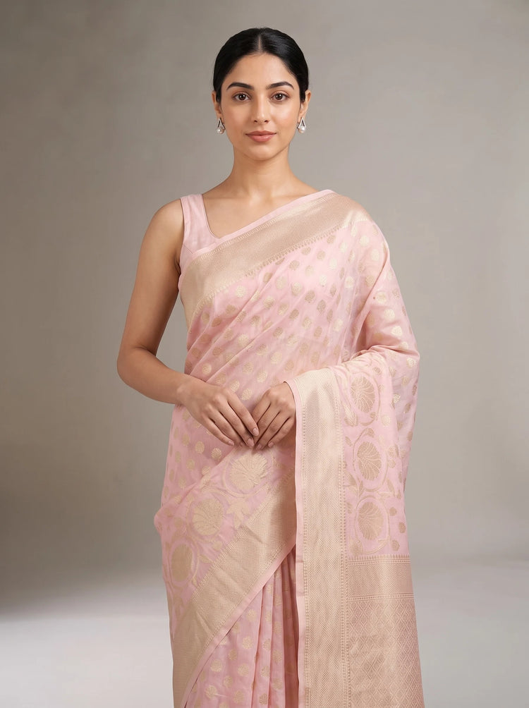 Close-up front view of baby pink Chanderi cotton saree showcasing the fine fabric texture, woven motifs and border
