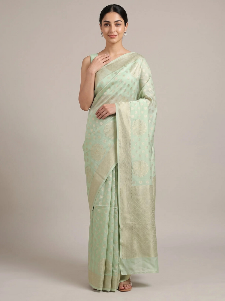 A woman modeling a light sage green saree with subtle woven motifs and a matching border, standing against a plain beige studio background.