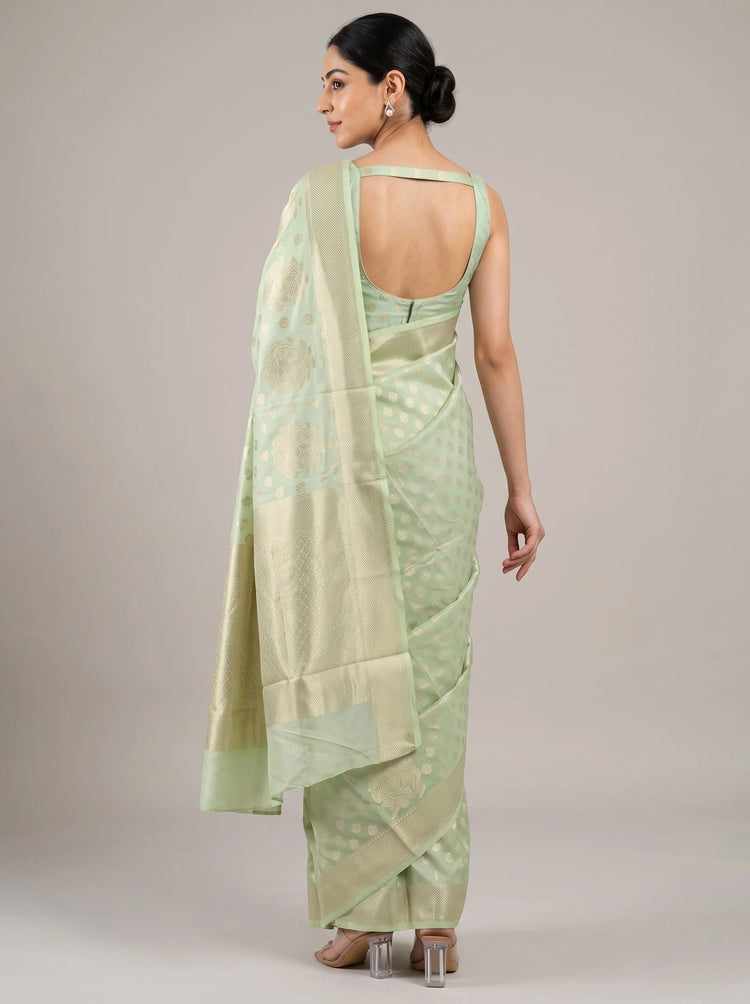 A woman modeling a light green saree with a matching printed blouse, shown from the back against a plain light gray studio background.