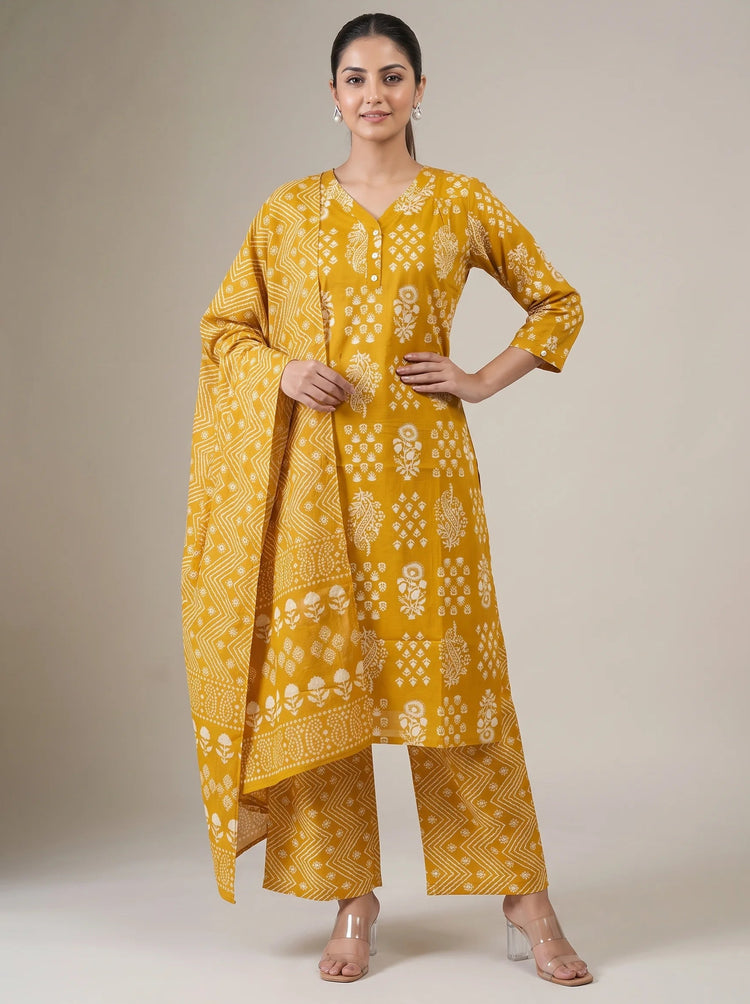Mustard Cotton Embroidered Straight Kurta