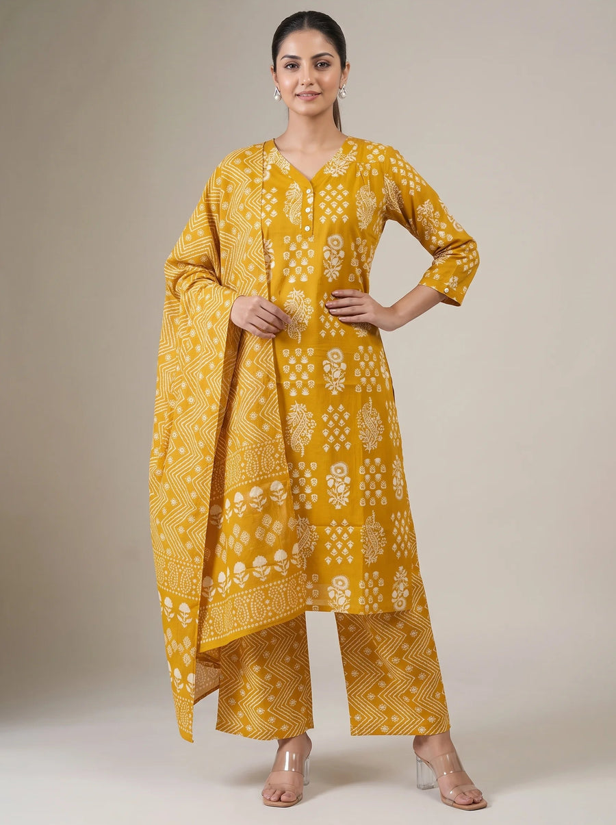 Mustard Cotton Embroidered Straight Kurta