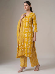 Mustard Cotton Embroidered Straight Kurta