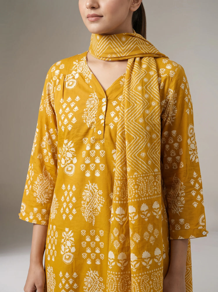 Mustard Cotton Embroidered Straight Kurta