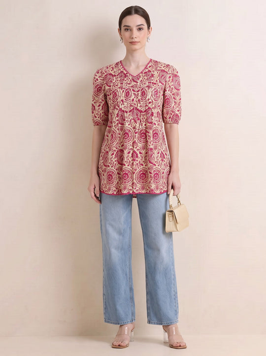 Off White & Pink Floral Print Pure Cotton Short Kurti