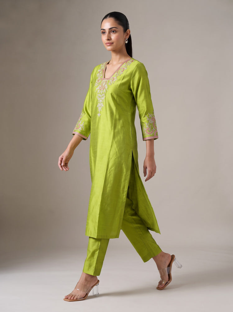 Lime Green Kashmiri Aari Embroidery Co-ord Set