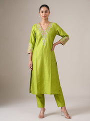 Lime Green Kashmiri Aari Embroidery Co-ord Set