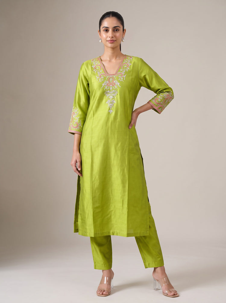 Lime Green Kashmiri Aari Embroidery Co-ord Set