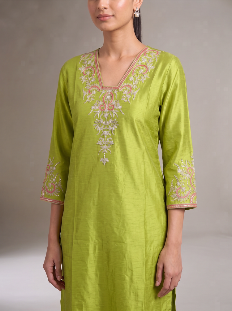 Lime Green Kashmiri Aari Embroidery Co-ord Set