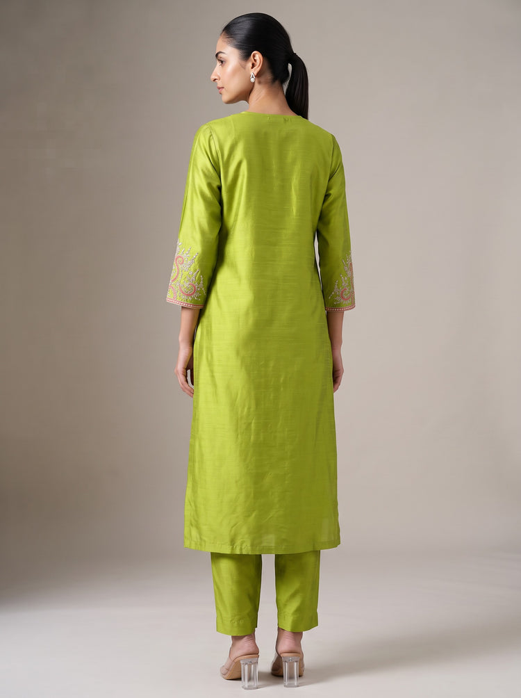 Lime Green Kashmiri Aari Embroidery Co-ord Set